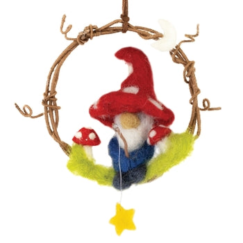 Handcrafted Mini Wreath/Ornament With Felted Wool Fishing Gnome